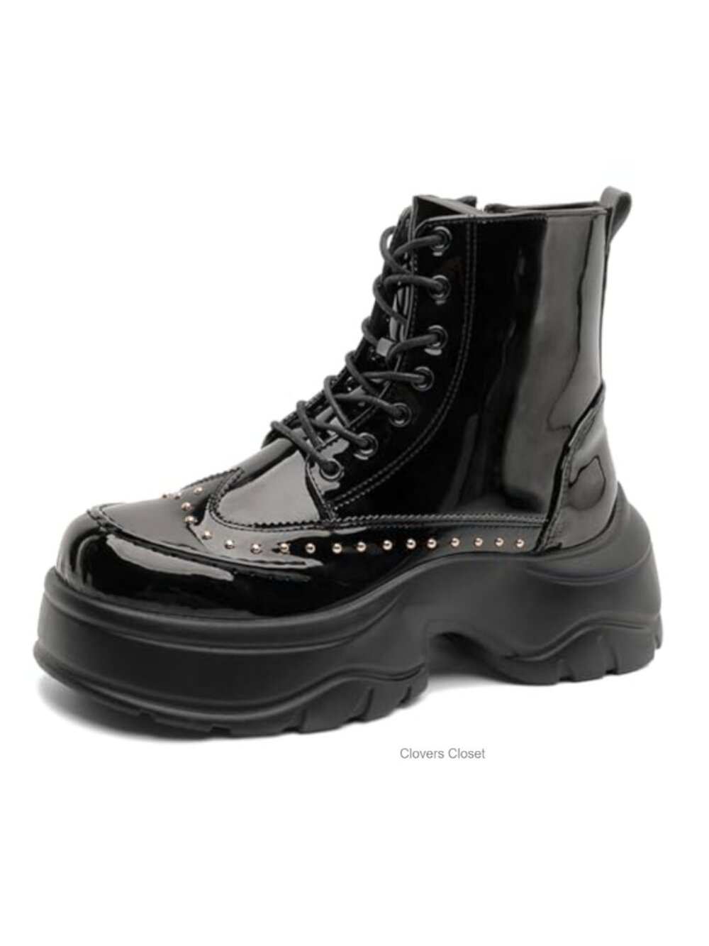Patent Leather Rivet Platform Motorcycle Boots Side Zipper Goth Combat Ankle